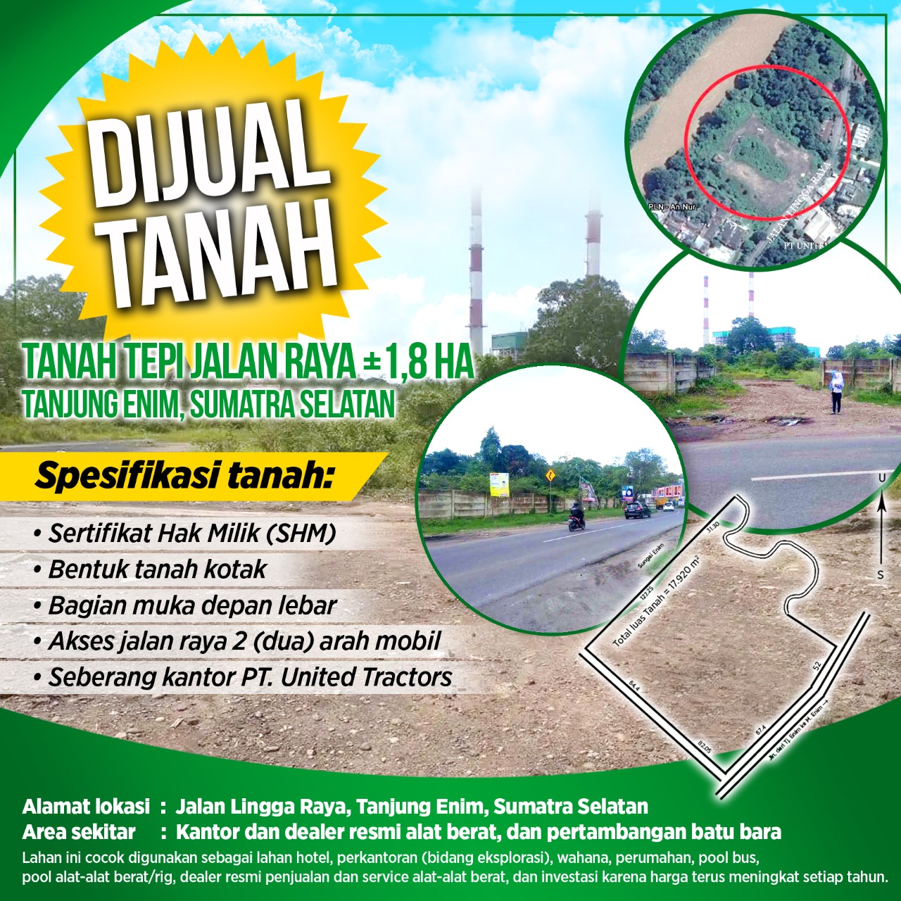 Dijual Tanah Murah ±1,8 Ha di Tepi Jalan Raya Tanjung Enim, Muara Enim, Sumatera Selatan